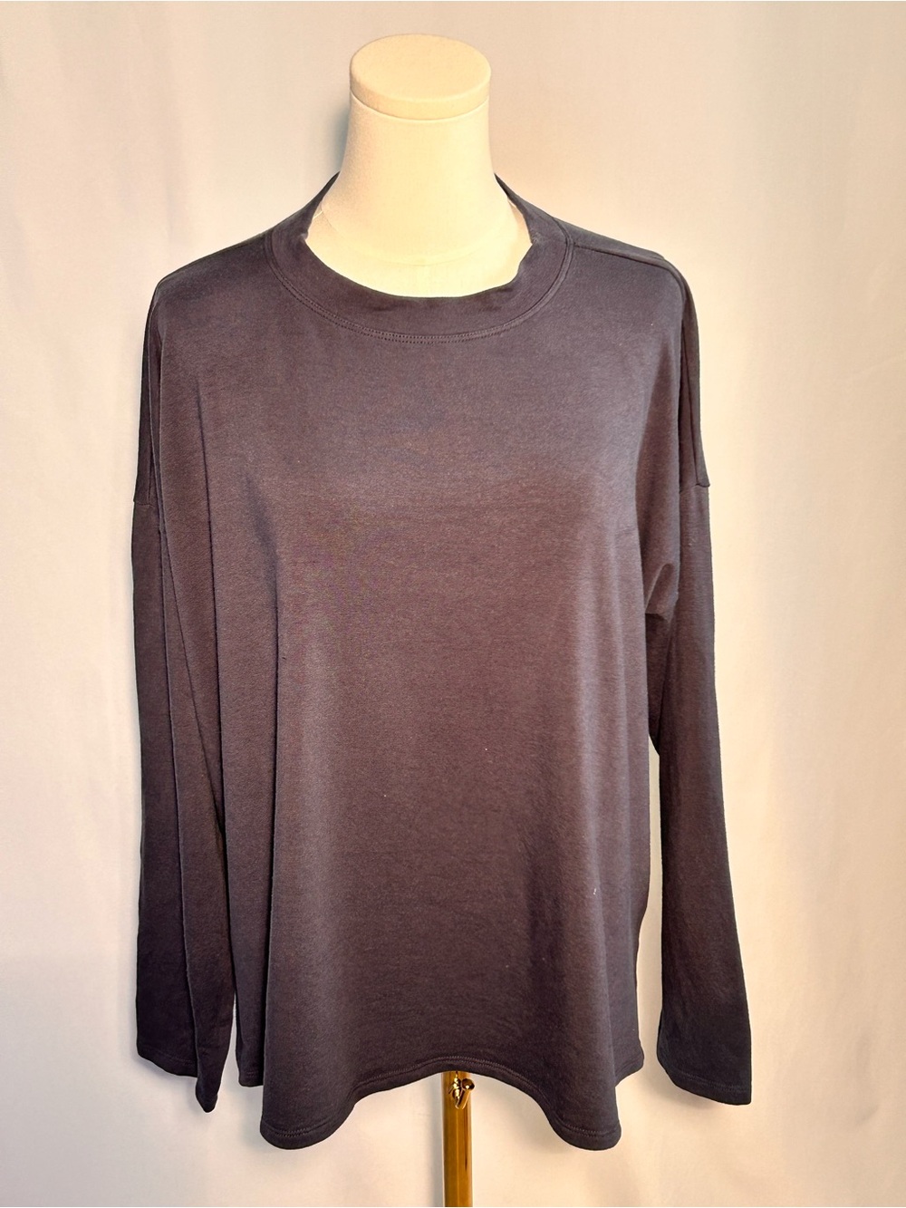 Eileen Fisher Cozy Brushed Terry High Hug Crewneck Boxy Top Sweatshirt Navy XL